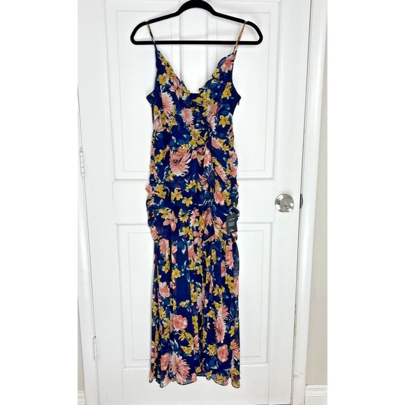 NEW Lulu’s Dress Womens Medium Stunning Soiree Blue Floral Ruched‎ Midi Slit - Picture 1 of 16